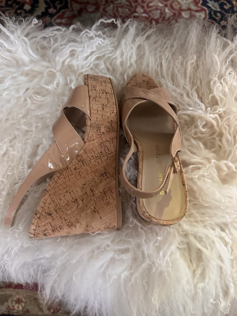 NWOB Stuart Weitzman Platform Cork Wedge 8 Nude Patent Upper Luxury
